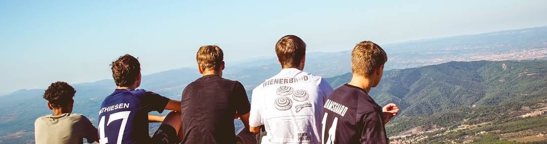 Fem personer kigger ud over en bjergkæde på en solskinsdag.