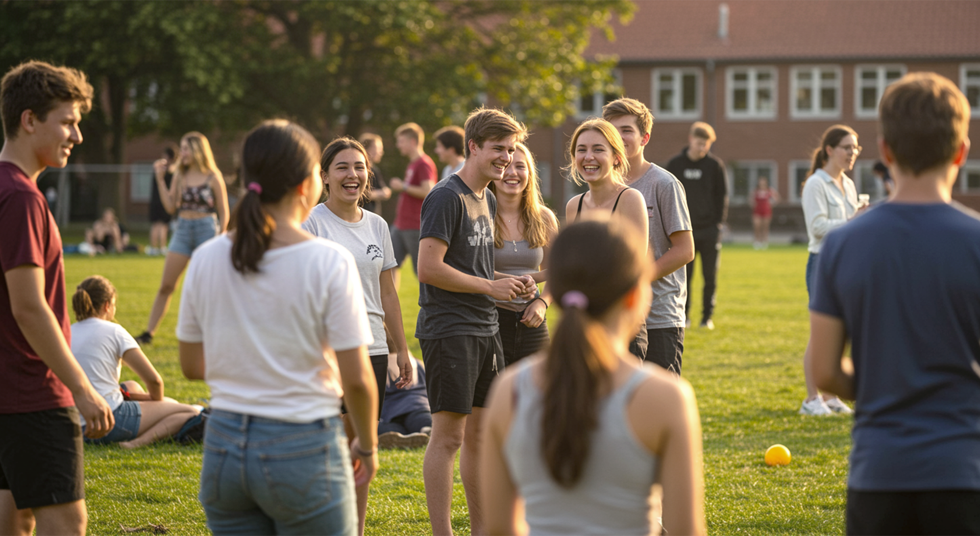 Gruppe af mennesker, der griner og taler på en græsmark foran en bygning i sollyset.