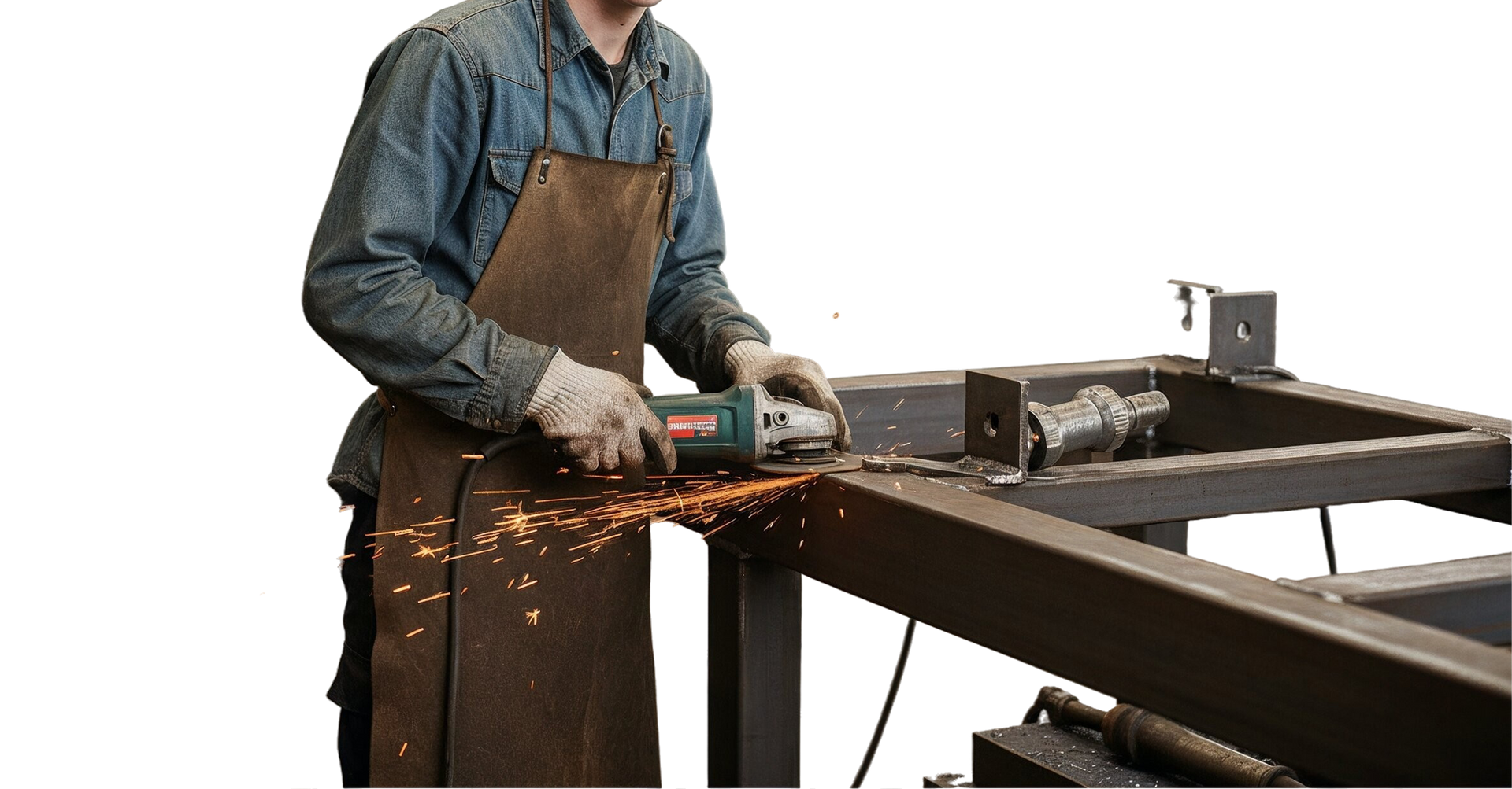 En person iført denimskjorte og læderforklæde bruger en kværn til at skære metal, med gnister der flyver.