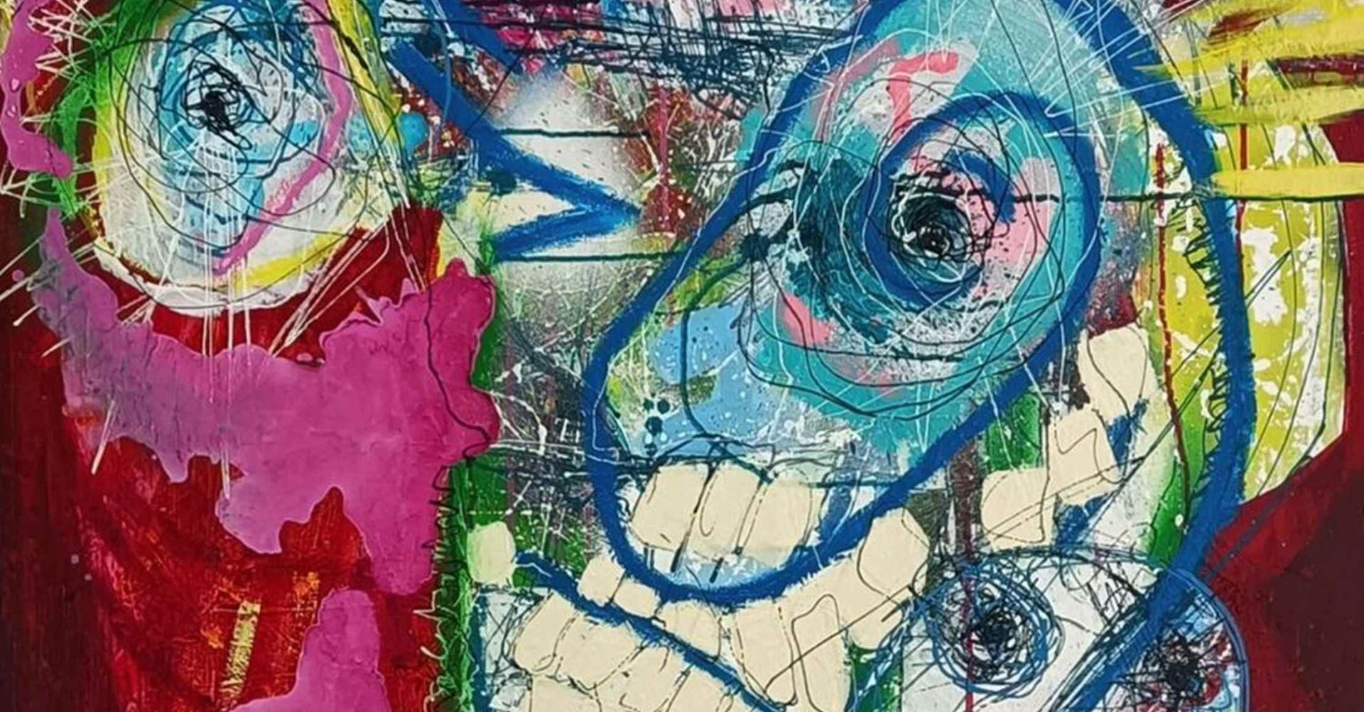 Abstrakt maleri med hvirvler af blå, lyserød og hvid maling på en mørk baggrund.