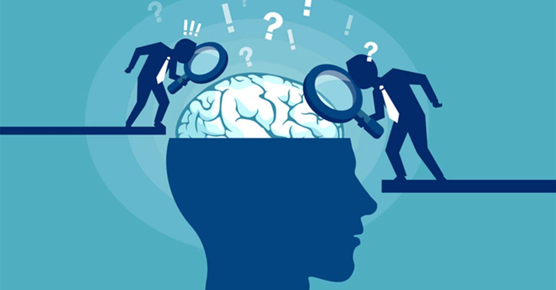 To figurer undersøger en hjerne med forstørrelsesglas. Hjernen er åben i hovedet, spørgsmålstegn ovenover.