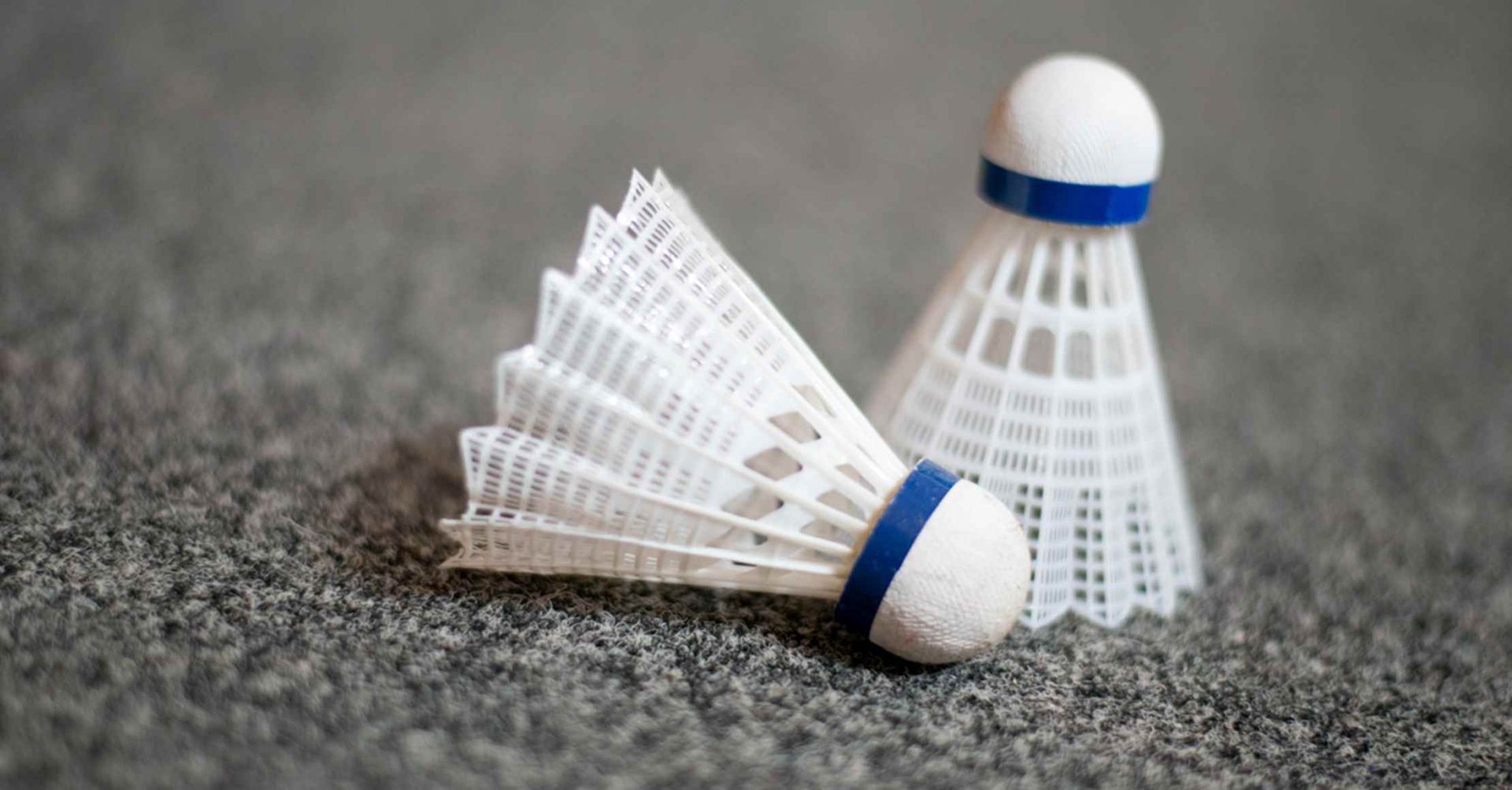 To hvide og blå badminton-shuttlecocks på en grå overflade. Den ene ligger ned.