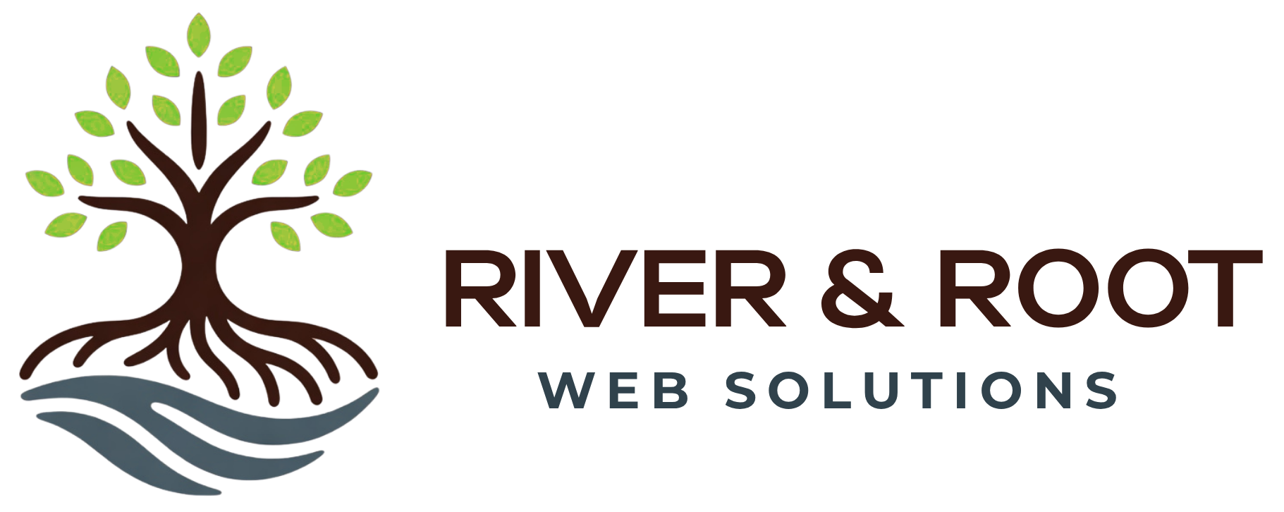 River & Root Web Solutions logo with a tree, roots, and flowing water in brown and green