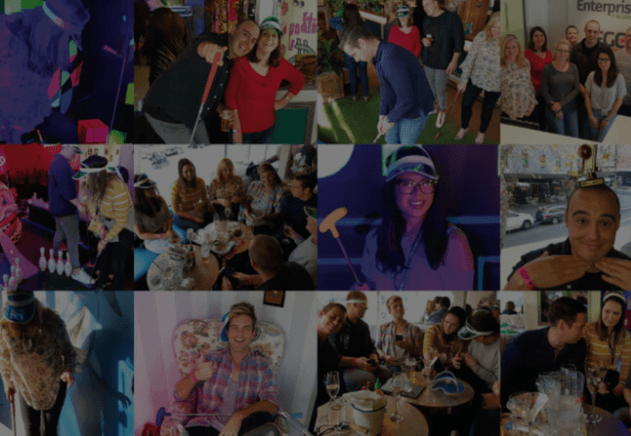 A collage of pictures of people having fun at a party.