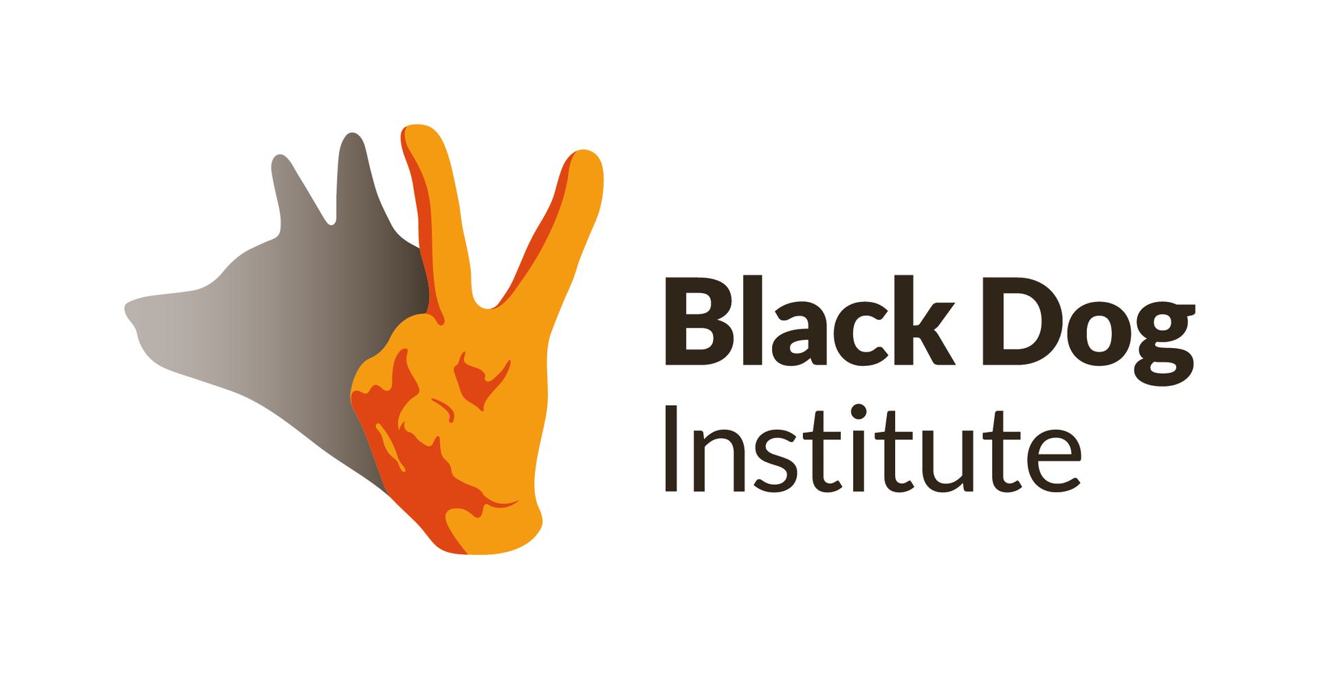 The black dog institute logo has a hand giving a peace sign and a shadow of a dog.
