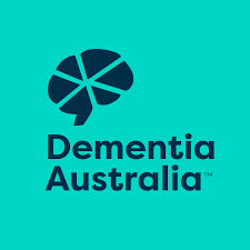 A logo for dementia australia with a brain on a blue background.