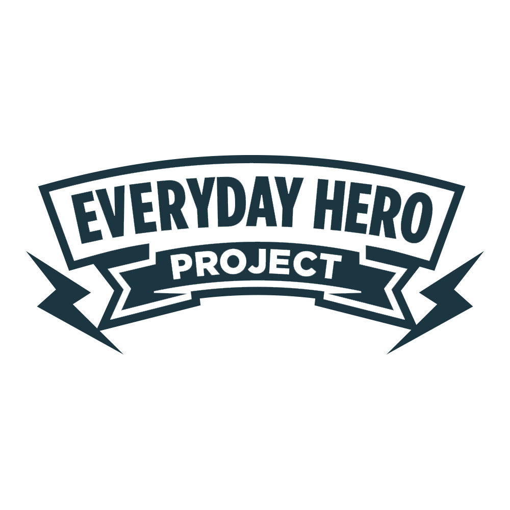 The logo for the everyday hero project is a black and white logo with a ribbon and lightning bolts.