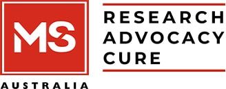 A red and white logo for research advocacy cure australia.