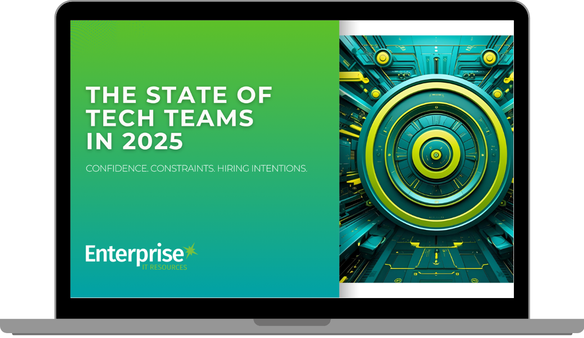 A laptop computer is open to a page that says The State of Tech Teams in 2025.