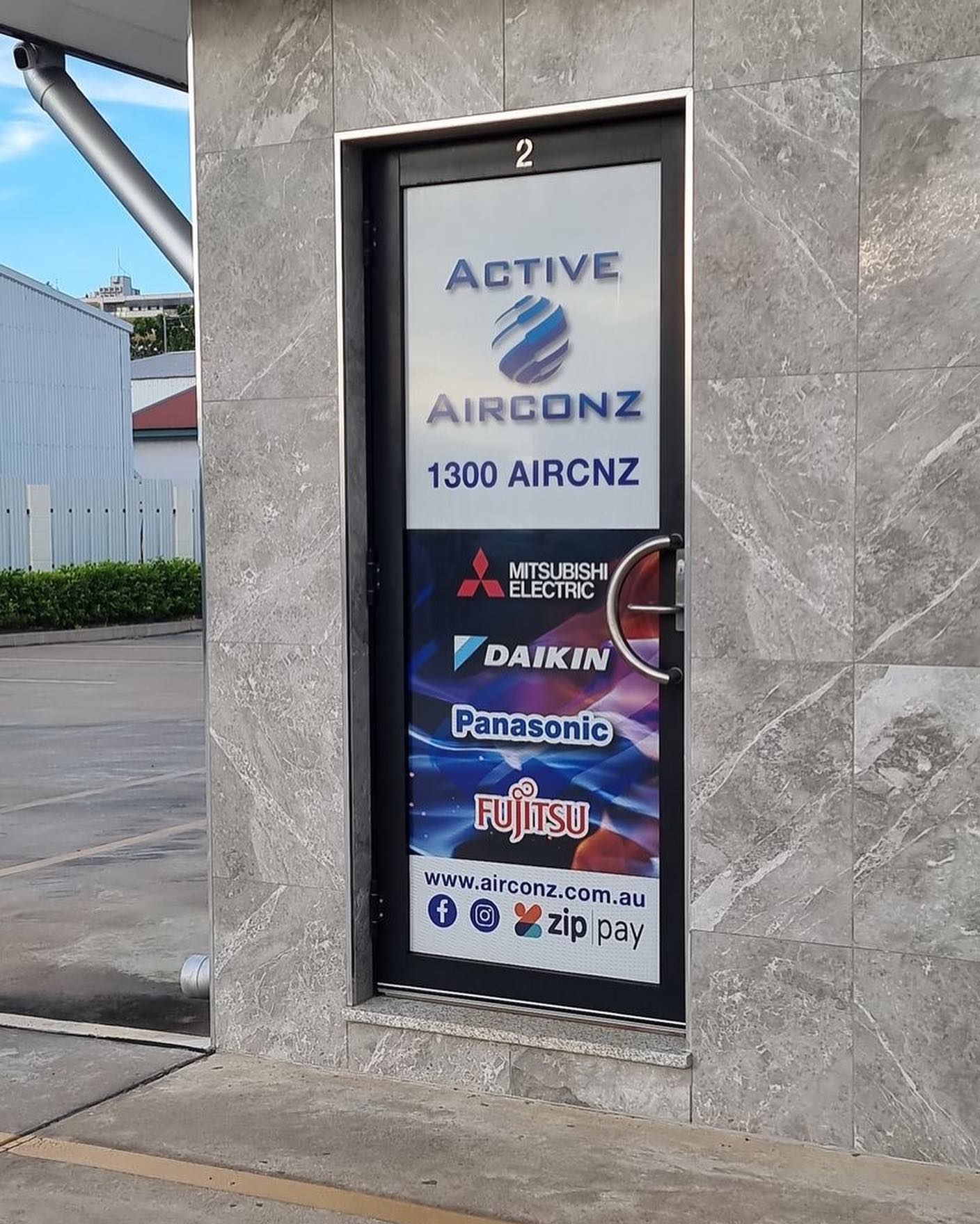Door With Active Airconz Sign, Phone Number, and Logo for Air Conditioning Brands — Active Airconz in Karumba, QLD