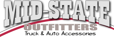 Logo for Mid-State Outfitters, a truck and auto accessories store. White text on red and black background.