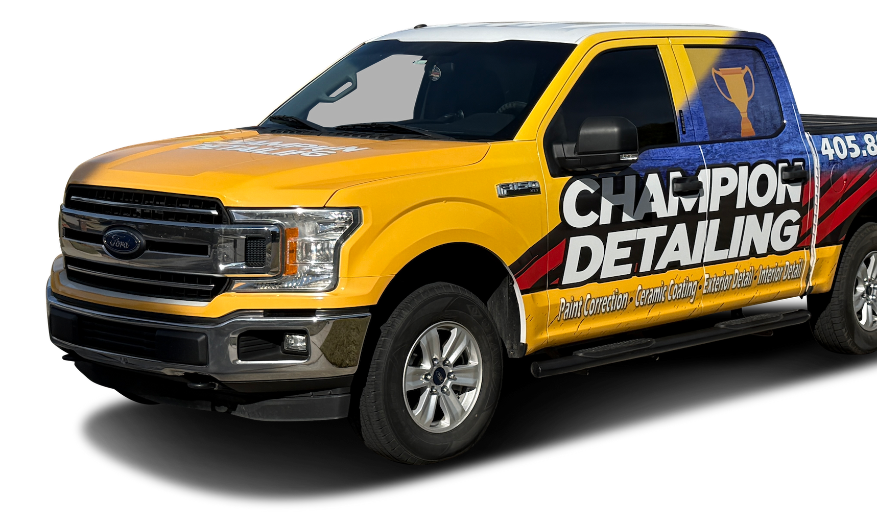 A yellow and blue truck with the words champion detailing on the side.