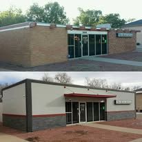 A before and after picture of a building that has been remodeled.