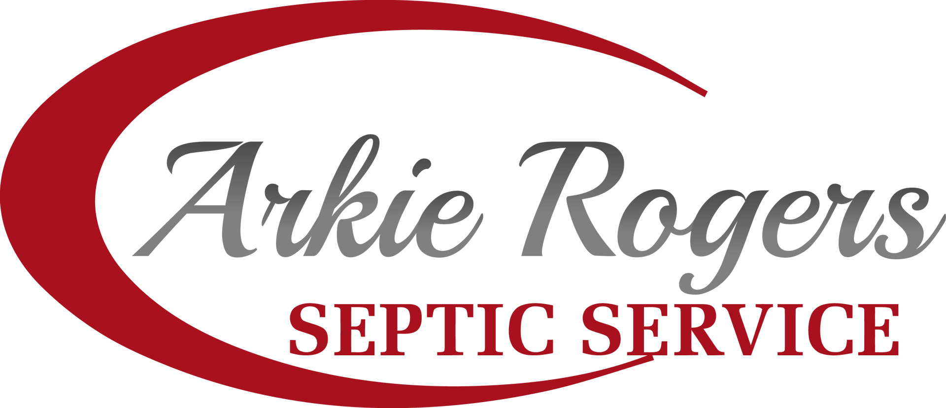 The logo for arkie rogers septic service is red and white.