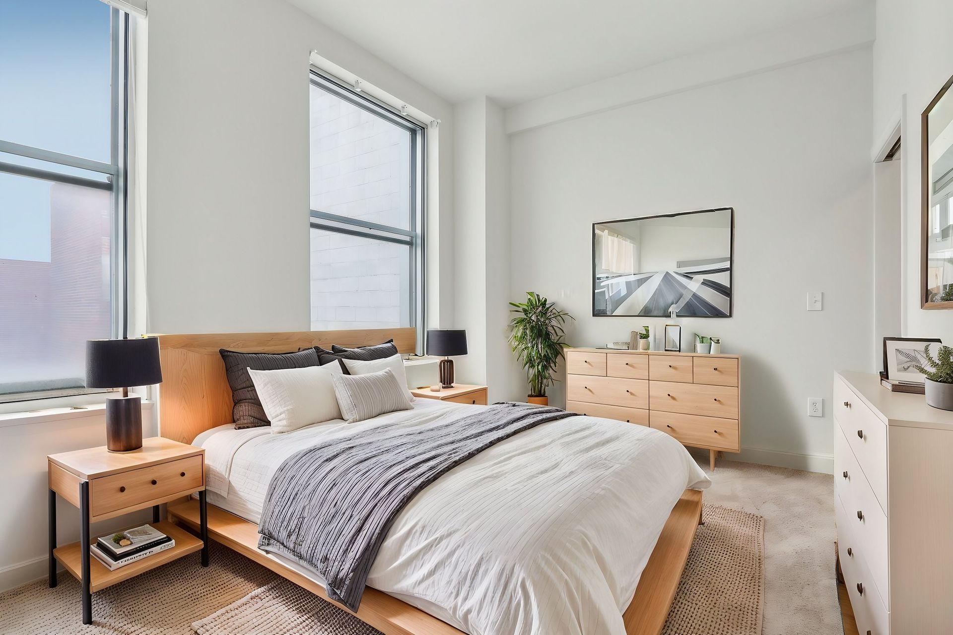 A bedroom with a bed , dresser , nightstand , mirror and two windows.