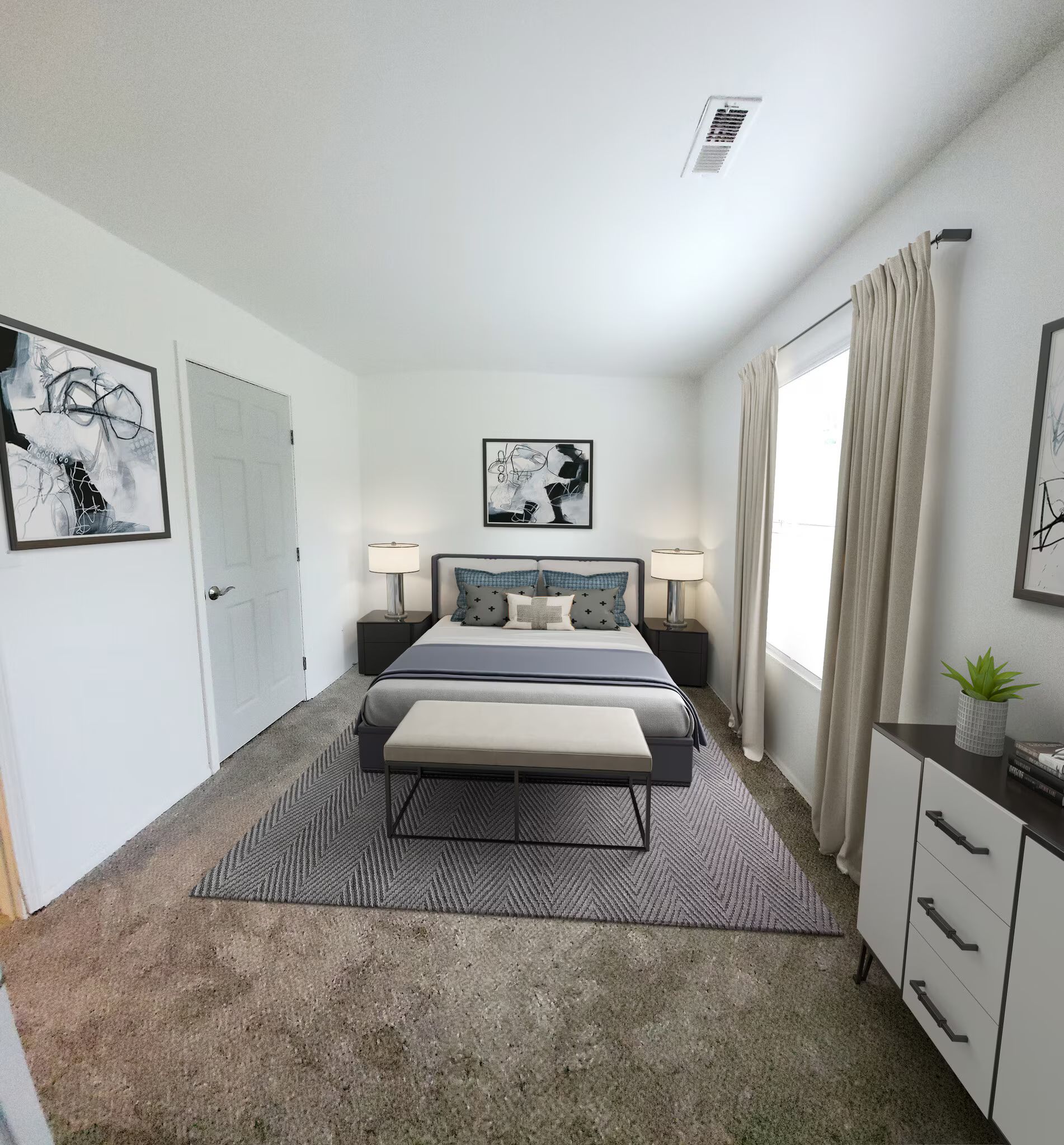 A bedroom with a bed , dresser , and window