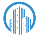 A blue and white logo of a building in a circle.
