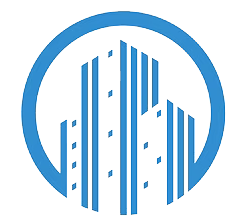 A blue and white logo of a building in a circle.
