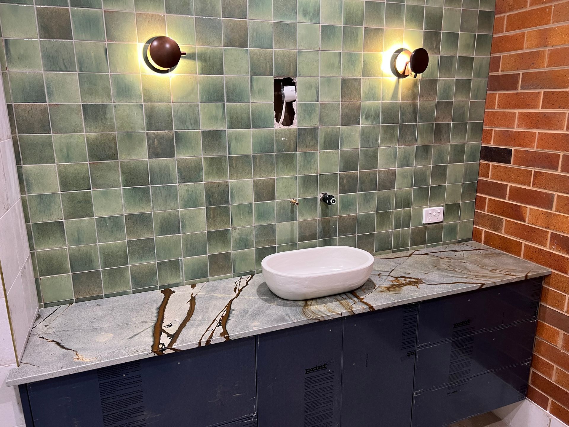 A Large Bathroom Space with Green Tile — Universal Marble & Granite In Woolgoolga, NSW