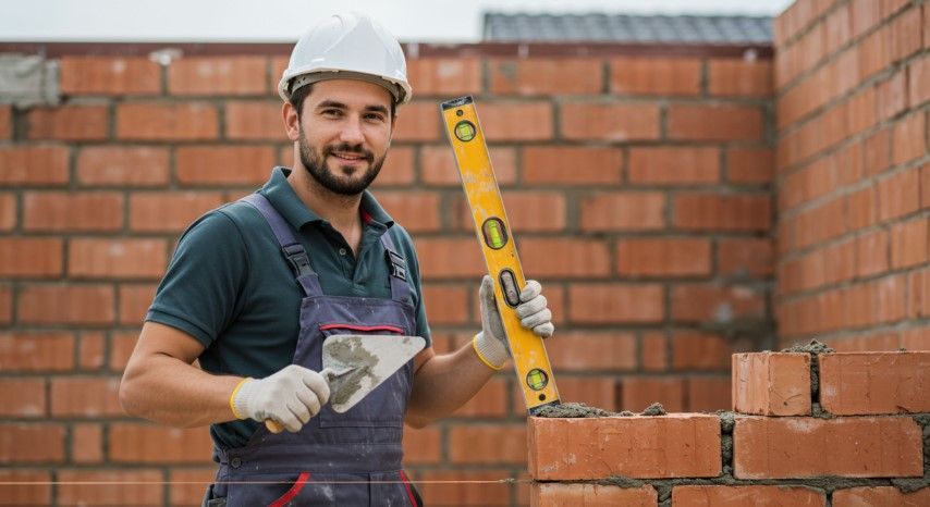 Construction worker holding level and trowel, smiling in front of a brick wall.
