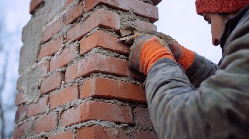 Person in orange gloves repairs brick chimney with a tool outdoors.