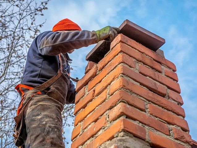 Person on ladder repairing a red brick chimney, wearing orange hat, blue jacket, and work gloves.