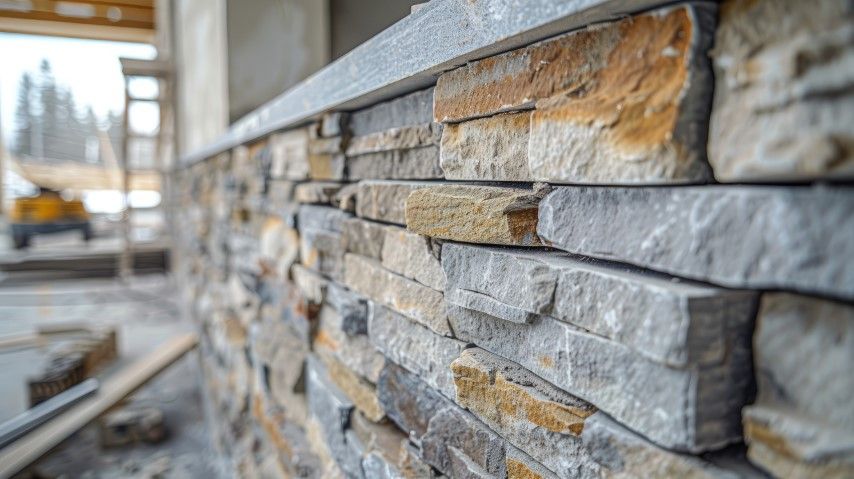 Stone veneer wall with varying shades of gray, brown, and tan.