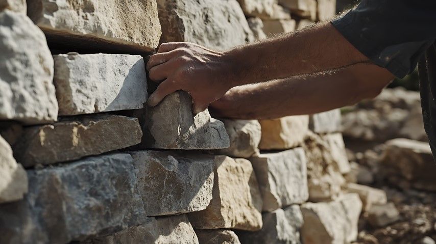 Person's hands placing a stone block onto a stone wall, outdoor setting, close-up.