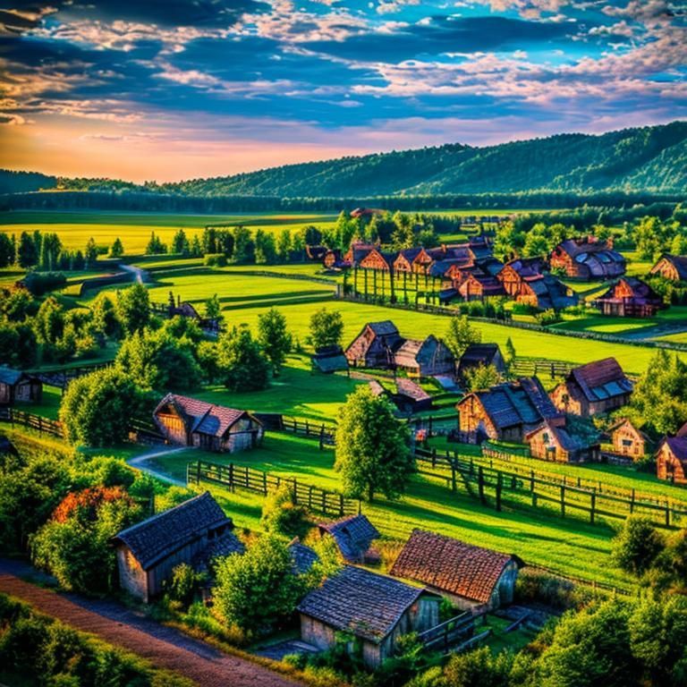 An aerial view of a small village in the middle of a lush green field