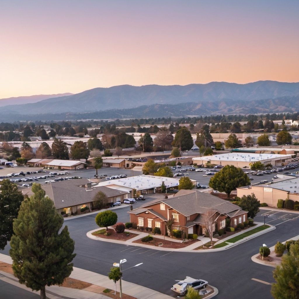 An aerial view of a residential area with mountains in the background