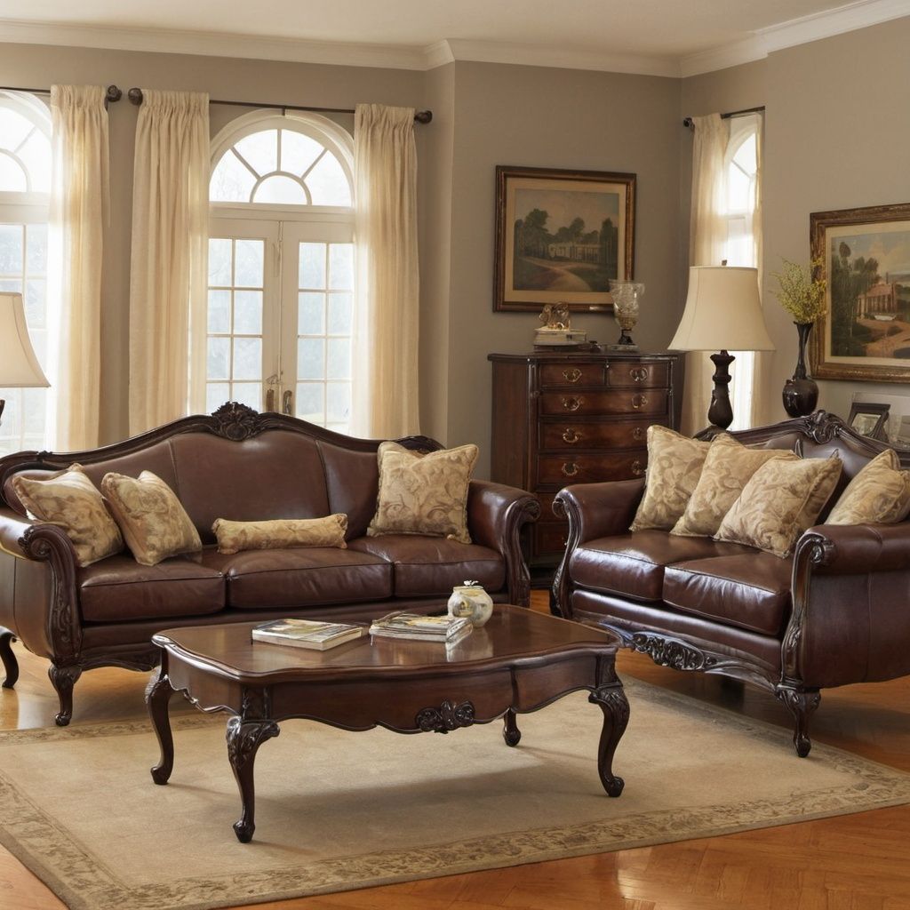 A living room with two brown leather couches and a coffee table