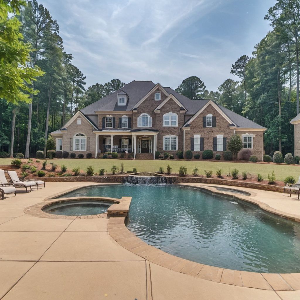 A large house with a large swimming pool in front of it