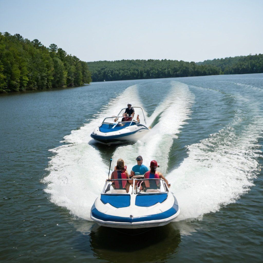 A group of people are riding boats on a lake