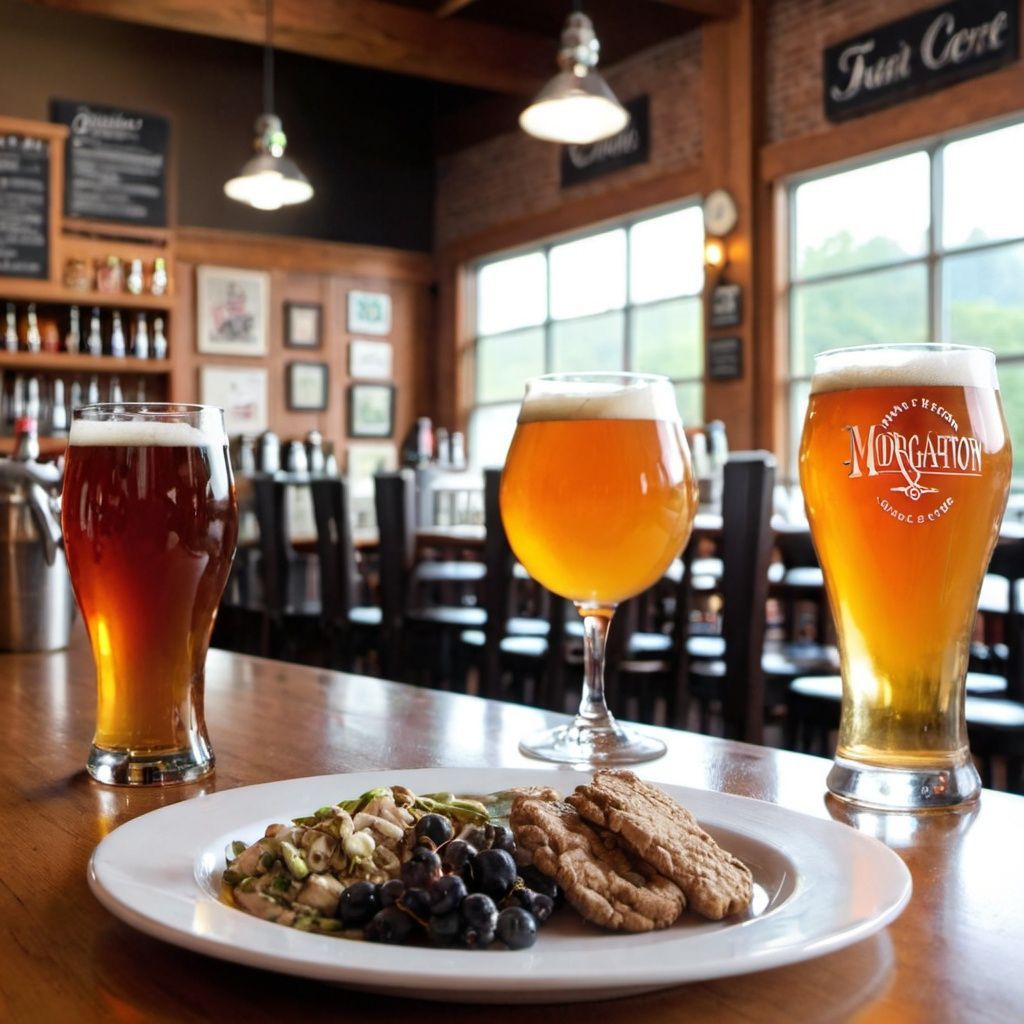 Two glasses of beer sit on a table next to a plate of food