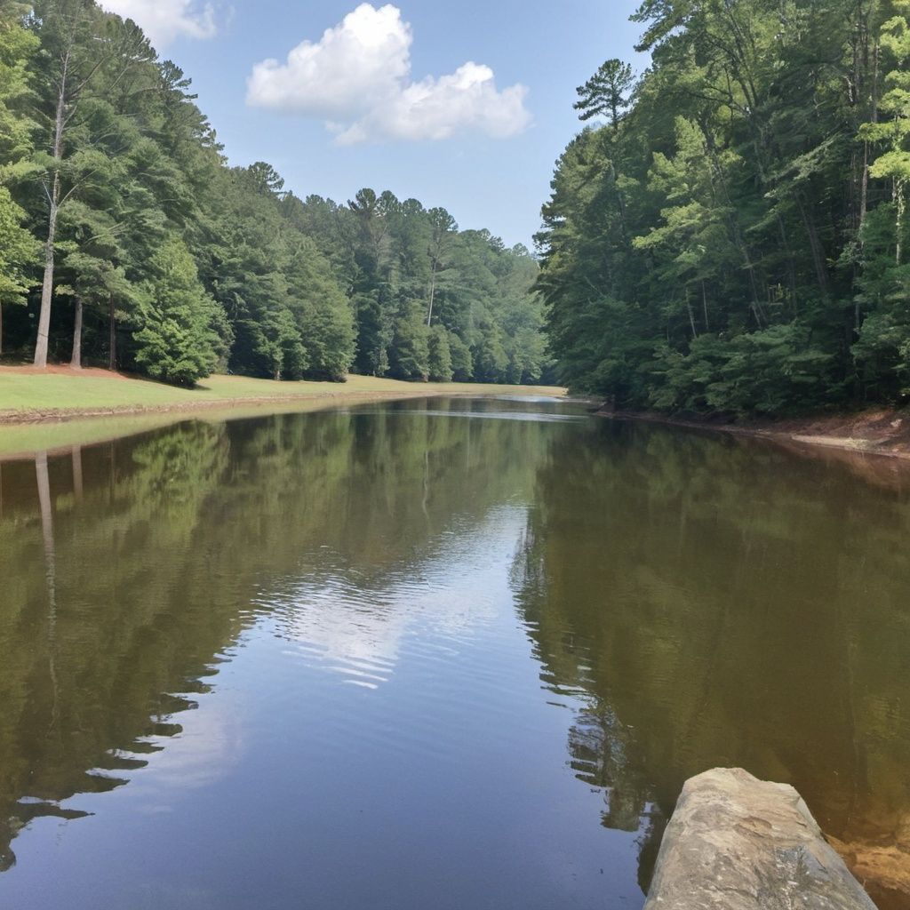 A large body of water surrounded by trees on a sunny day