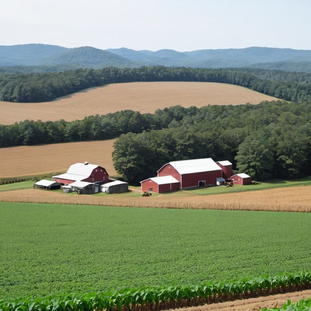 A red barn sits in the middle of a lush green field