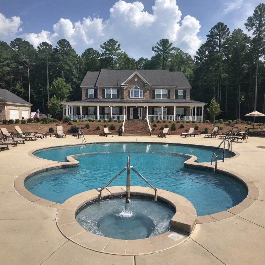 A large house with a large swimming pool in front of it