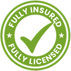 A green fully insured fully licensed stamp with a check mark in the center.