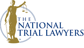 The logo for the national trial lawyers shows a statue of justice holding scales of justice.