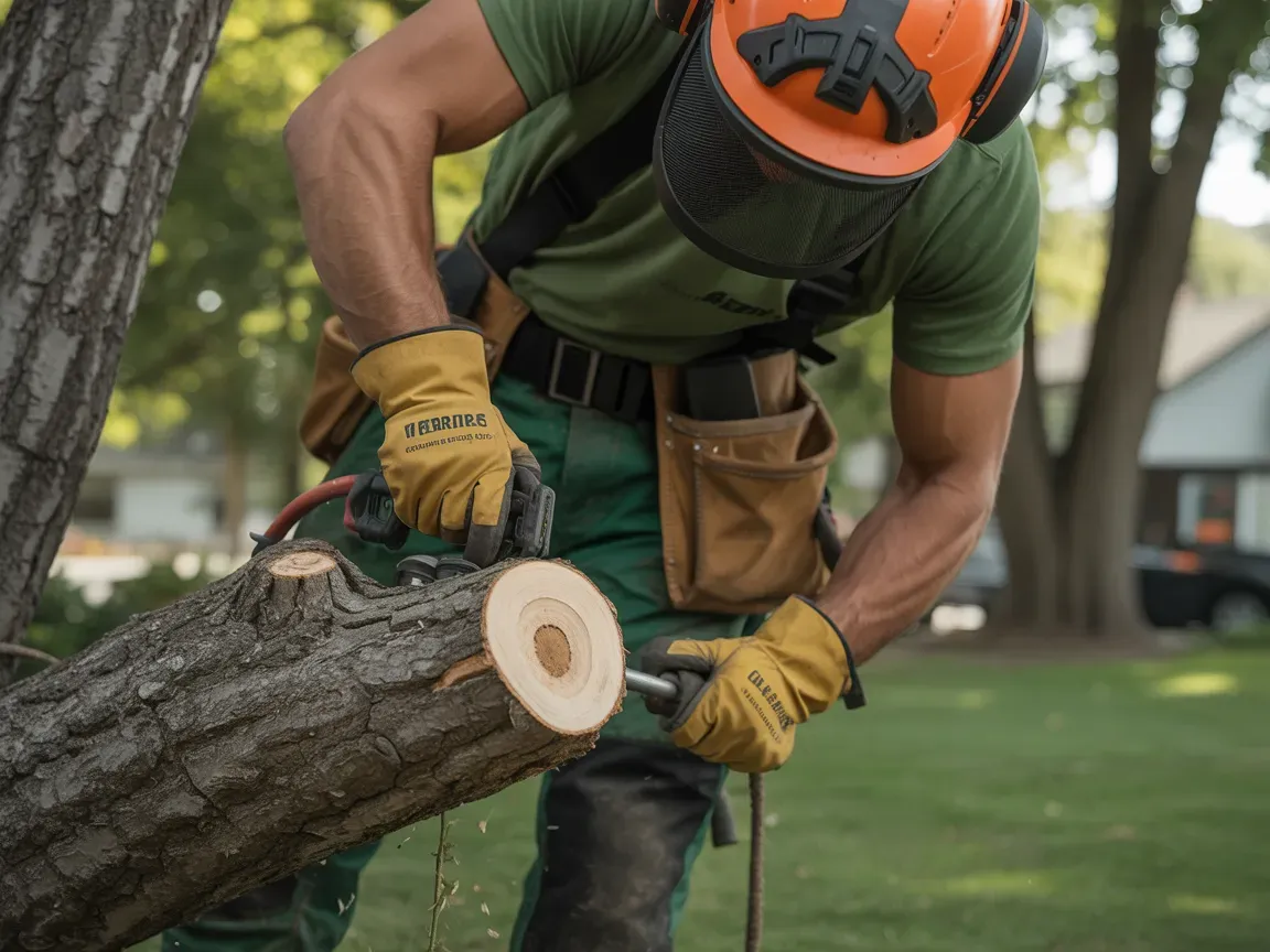 Arborist wearing protective gear cutting a tree branch with a chainsaw outdoors.