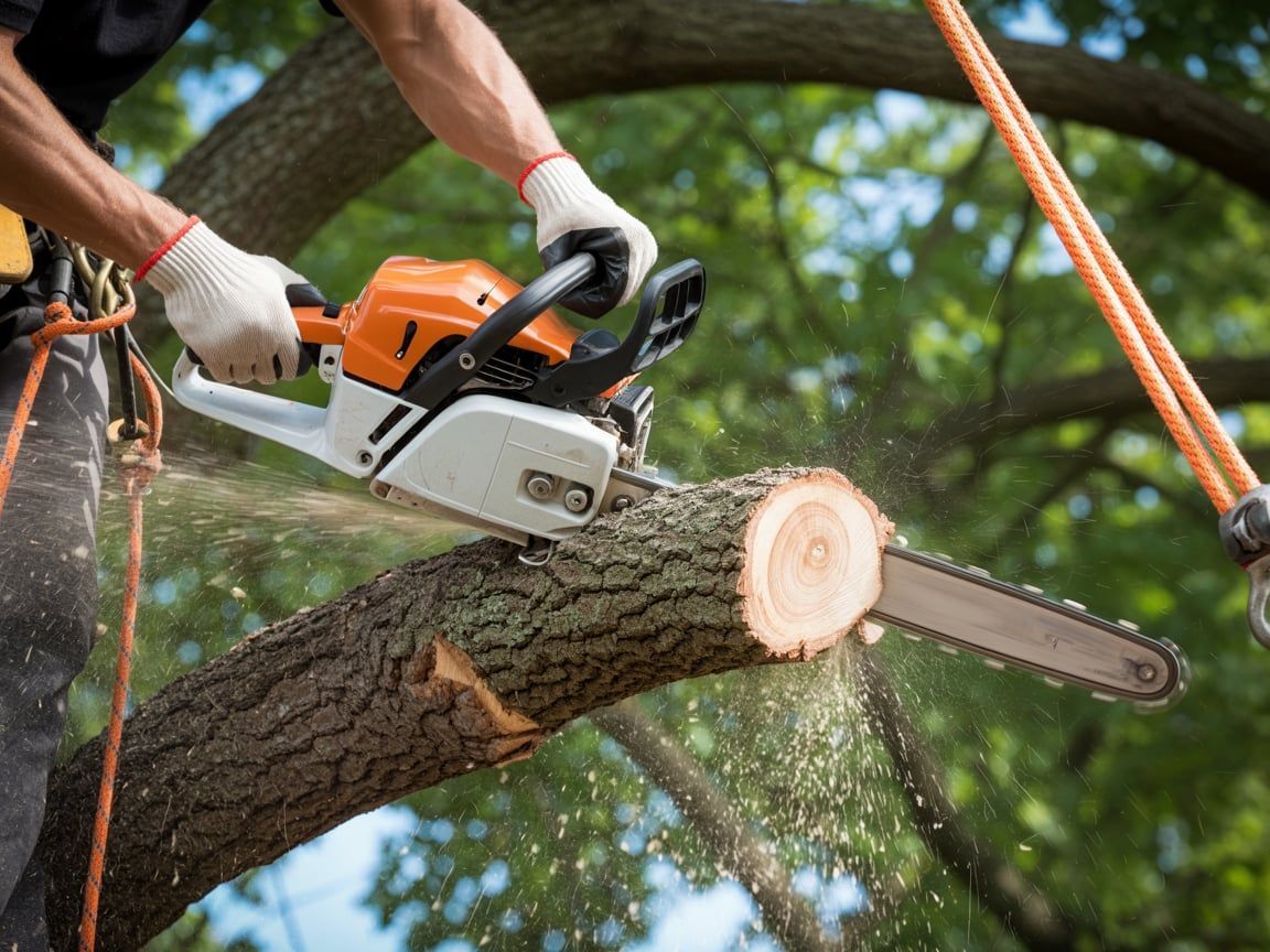 Person using chainsaw to cut a tree branch; wearing gloves and safety gear.