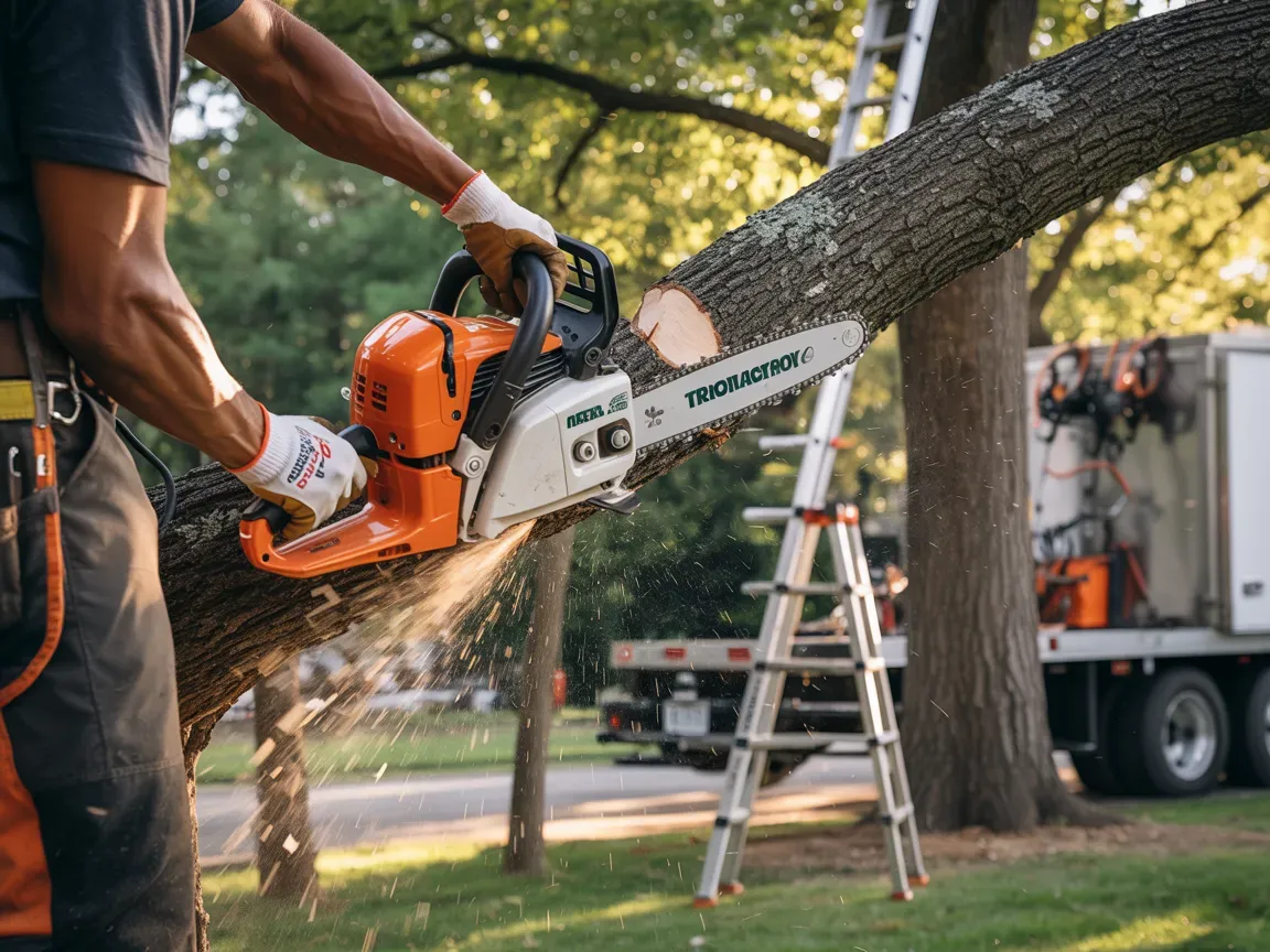 Person using chainsaw to cut tree branch. White gloves, orange chainsaw, ladder in background.