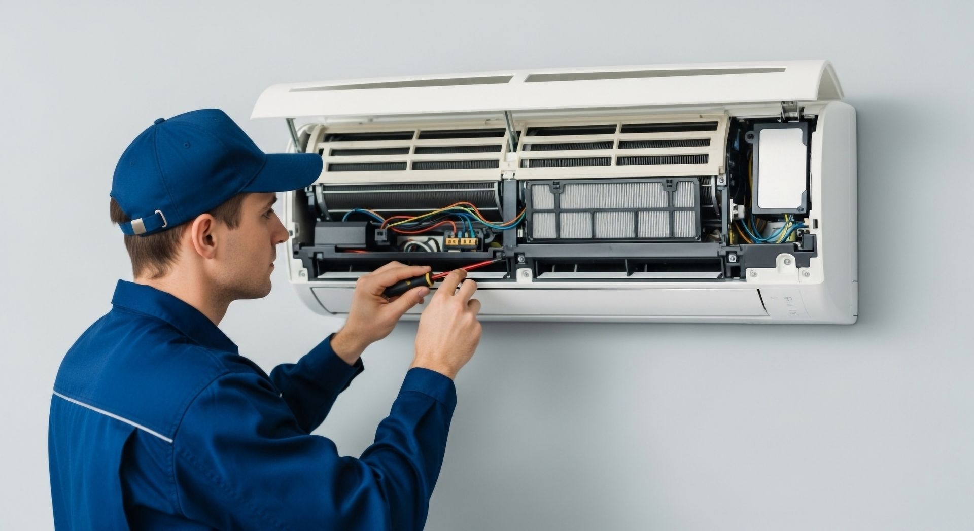 An expert technician repairing a wall unit, hired from an emergency air conditioning contractor. An expert technician repairing a wall unit, hired from an emergency air conditioning contractor.