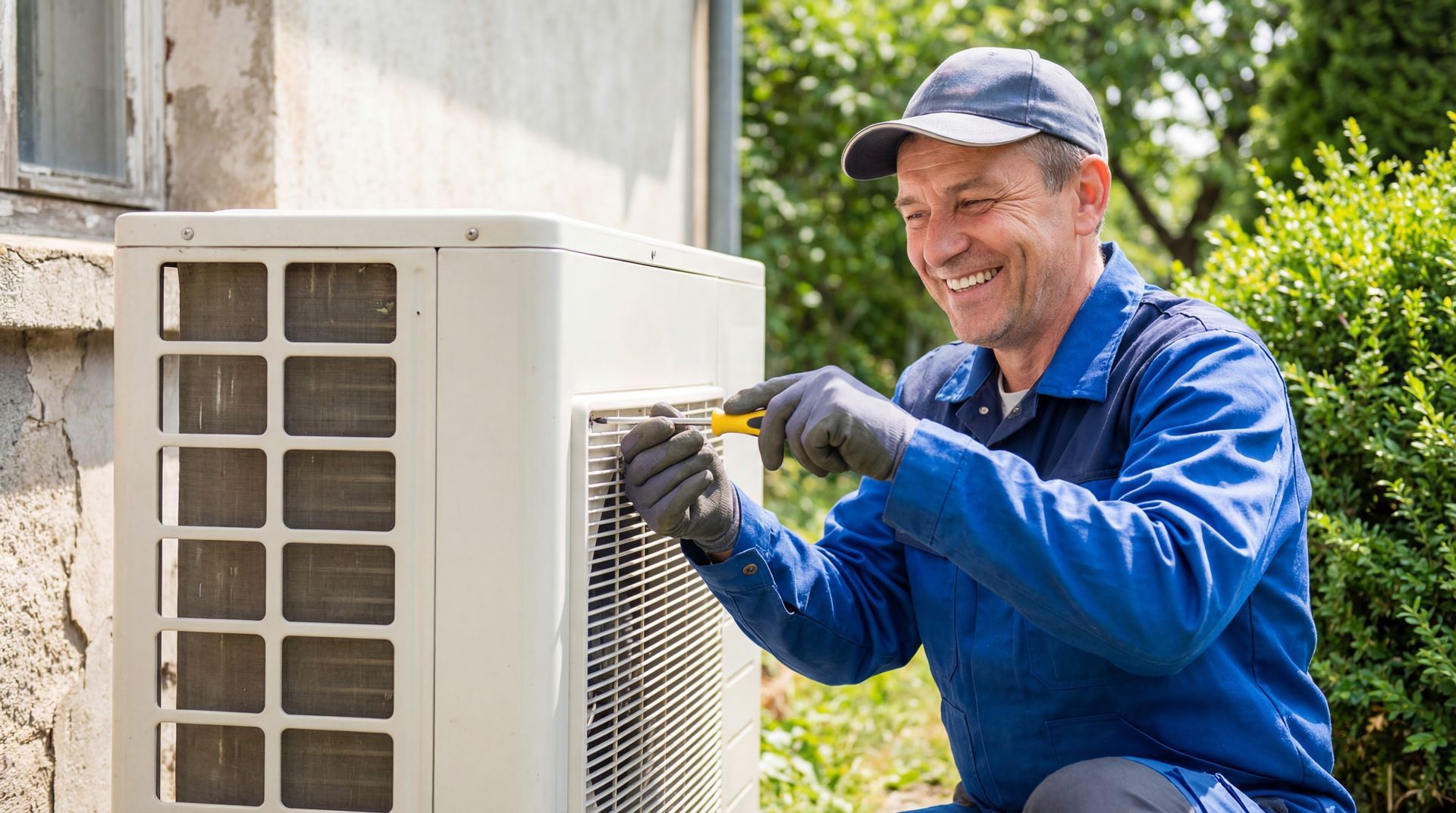 Smiling technician kneels to repair an outdoor air conditioning unit beside a textured stucco wall. Smiling technician kneels to repair an outdoor air conditioning unit beside a textured stucco wall.