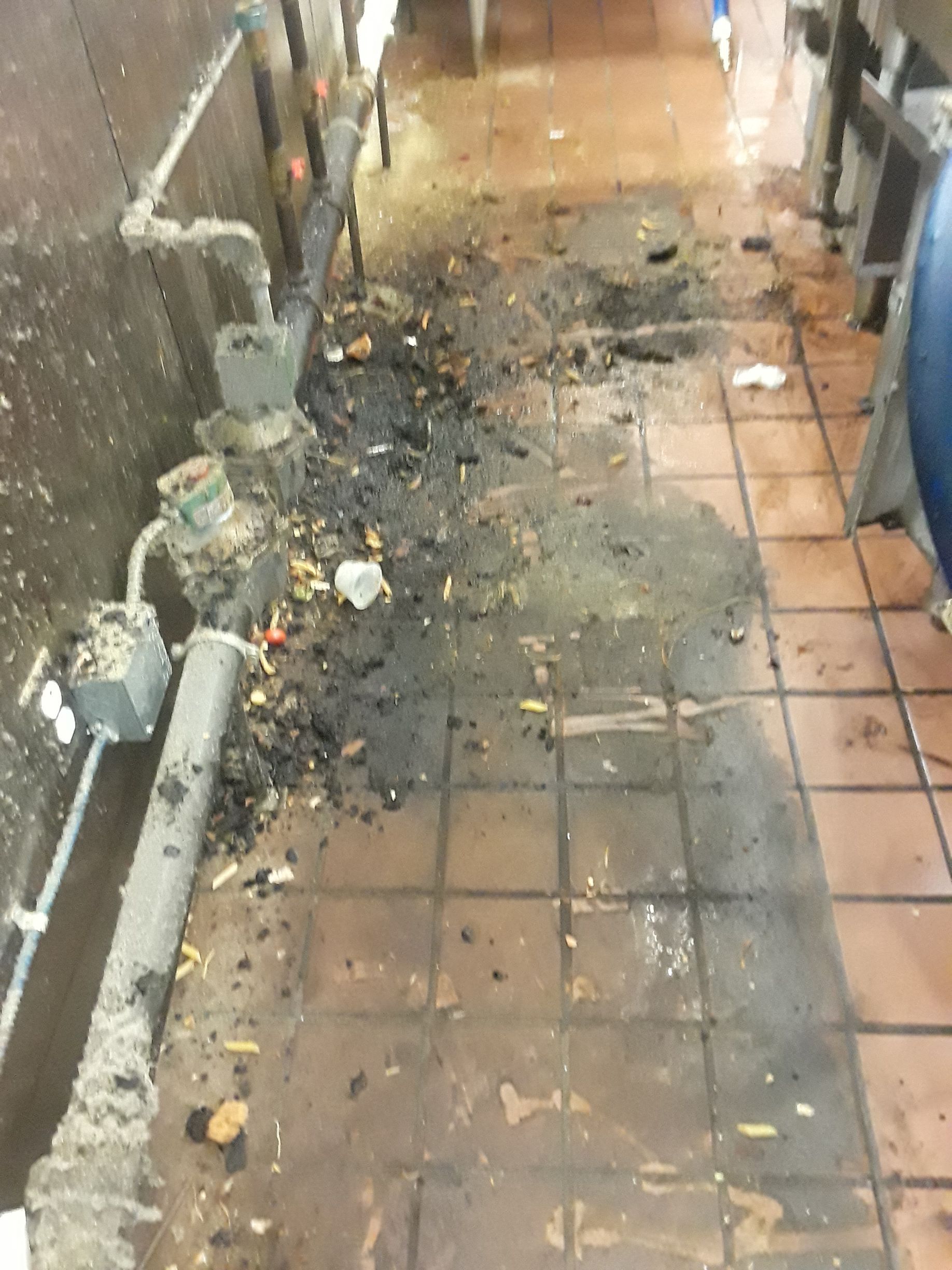 A dirty kitchen with a lot of trash on the floor.