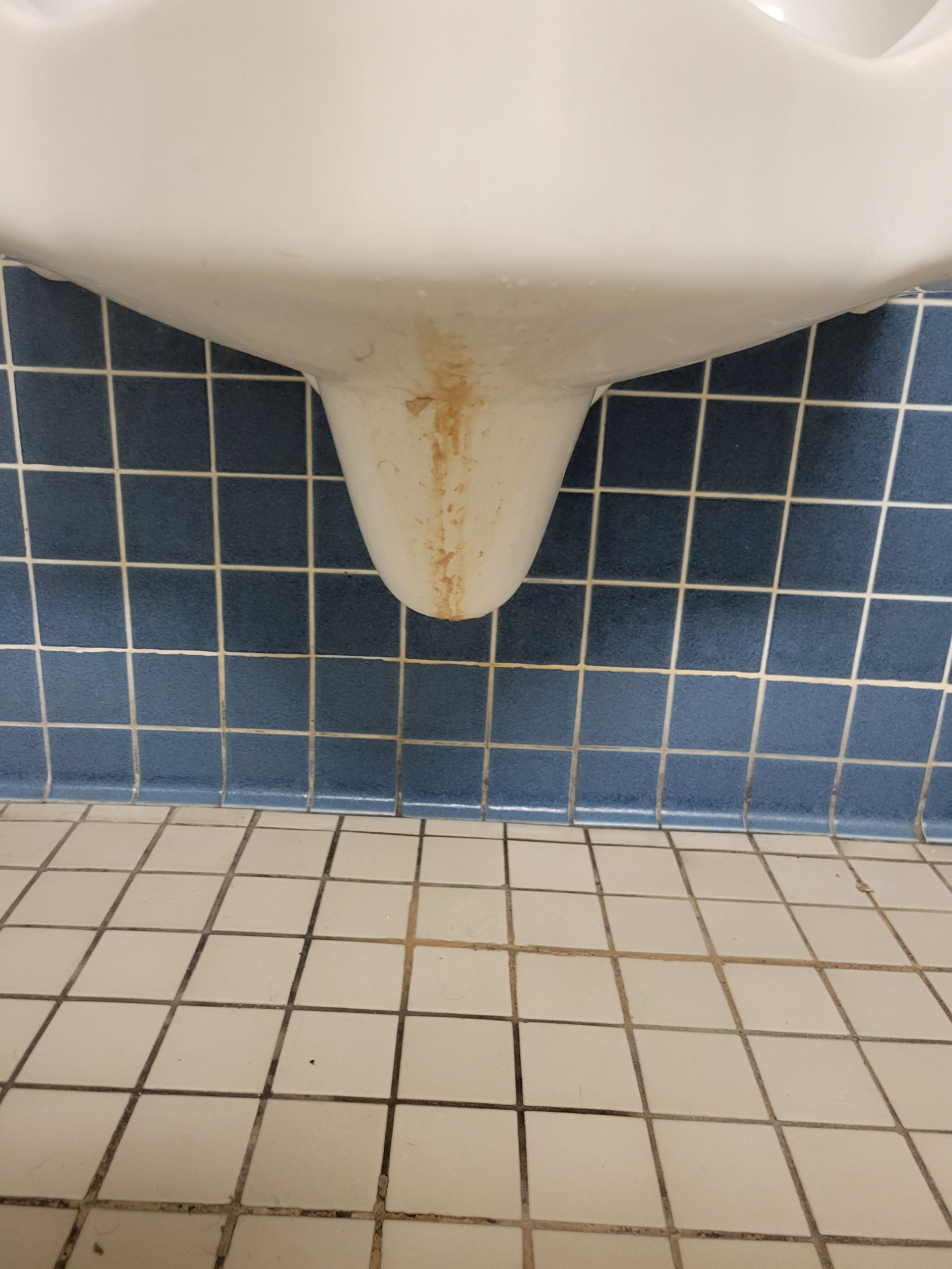 A white urinal against a blue tiled wall