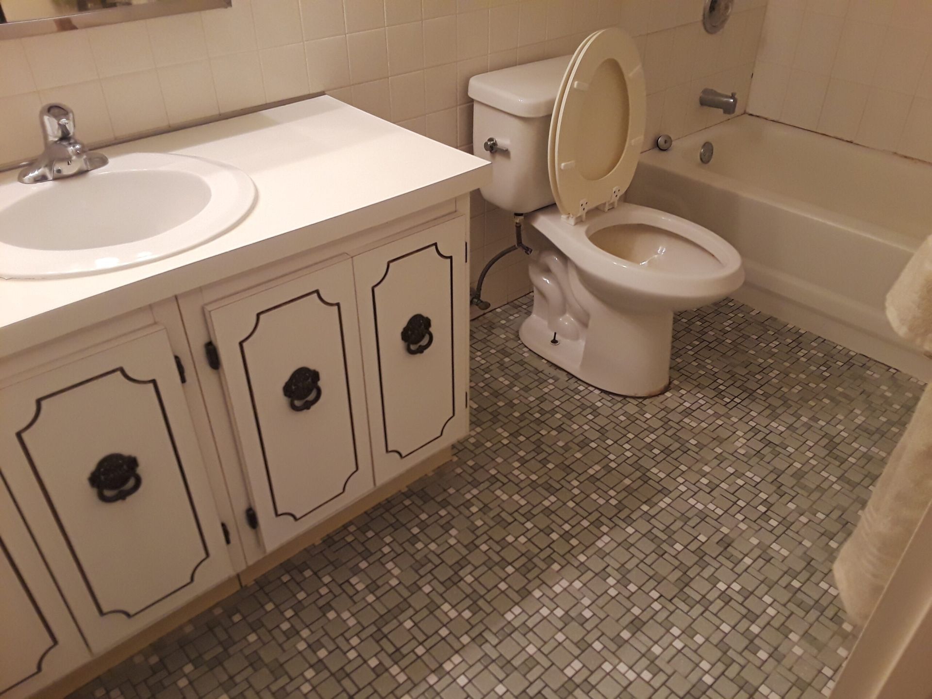 A bathroom with a toilet a sink and a bathtub