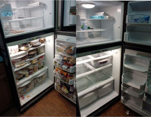 Two pictures of a refrigerator filled with food and empty.