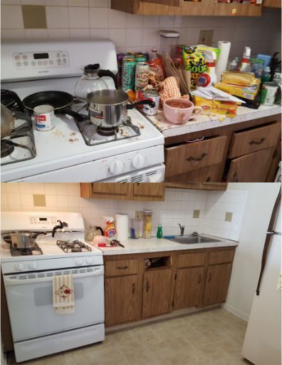 A before and after photo of a kitchen