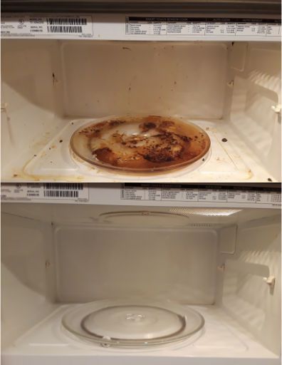 A before and after picture of a dirty microwave oven.